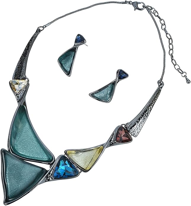 Irregular Enamel Triangle Shape Collar Bib Statement Necklace Earrings Set Women Bridal Jewelry