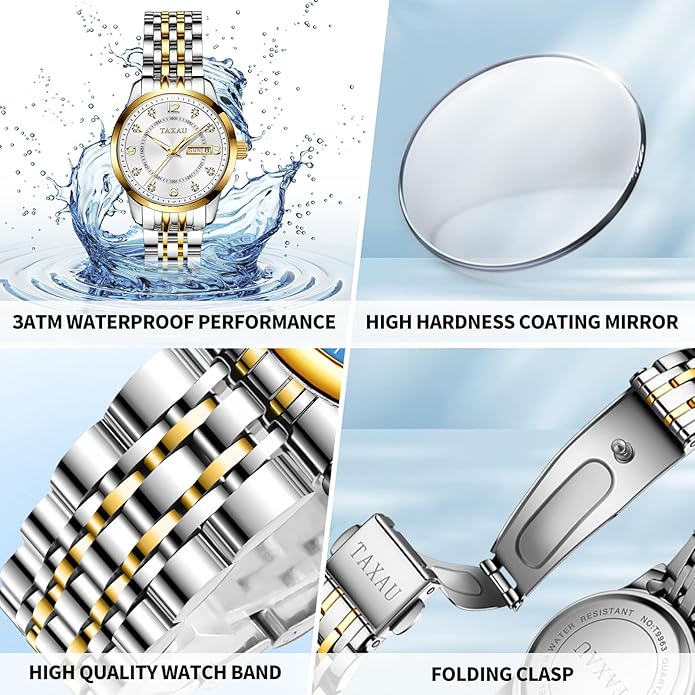 Womens Watch Fashion Dress Waterproof Silver Watches for Women Casual Easy Read Quartz Analog Women's Watch Two Tone Stainless Steel Ladies Watches with Day Date