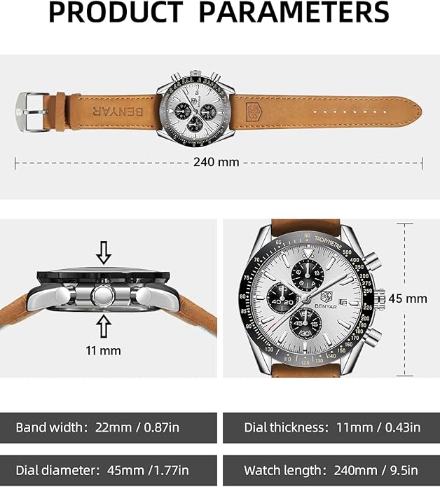 BY BENYAR Watch for Men Analog Quartz Chronograph Waterproof Luminous Designer Mens Wrist Watches Business Work Sport Casual Dress Watch with Silicone Strap Elegant Gifts for Men