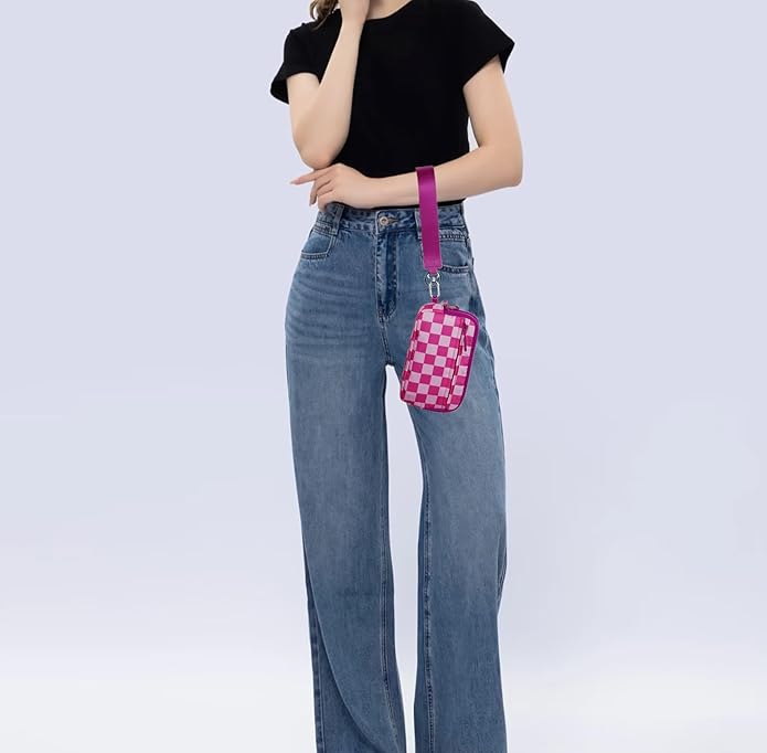 Wristlet Wallets for Women Checkered Nylon Quilted Wallet Travel Crossbody Bags with 4 Zippers Coin Card Phone Holder