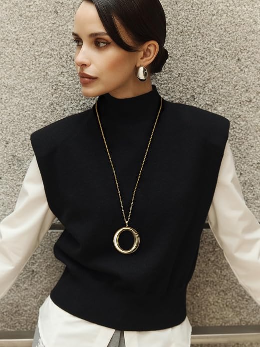 SOFYBJA 18K Gold Plated Circle Pendant Necklace Long Satellite Beaded Chain Jewelry for Women Dainty Hammered Karma Open Circle Charm Geometric Necklace