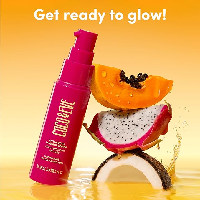 Coco & Eve Anti-Aging Tanning Serum - Face tanner with Skincare Actives for Gradual, Hydrating Glow. Natural Self Tanning Bronzer, with Niacinamide & Antioxidants for Healthy Glowing Skin (1.01 Fl Oz)
