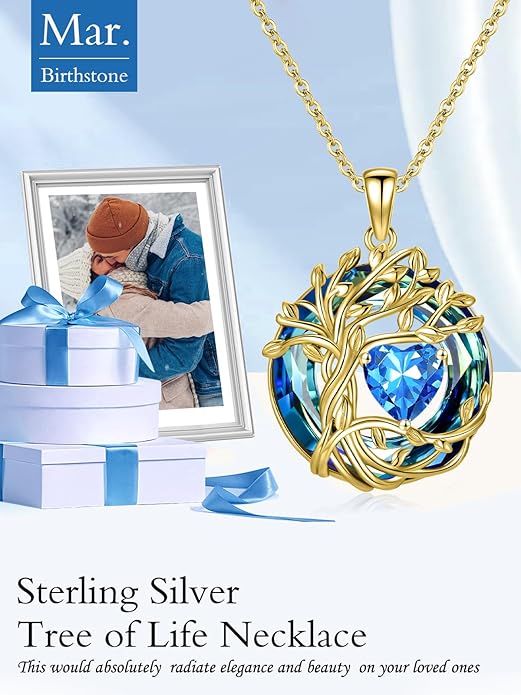TOUPOP Tree of Life Birthstone Necklace 925 Sterling Silver Pendant Austrian Crystal Jewelry Anniversary Valentine's Day Birthday Gifts for Women Mom Her Wife