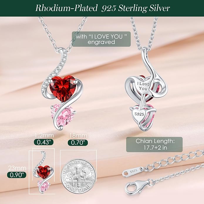 LOUISA SECRET Unique Double Heart Necklace Gifts for Wife Women, 925 Sterling Silver Tiny Birthstone Pendant Jewelry Gift for Her Girlfriend Mom Valentine's Day Anniversary Mother's Day Birthdays & Christmas
