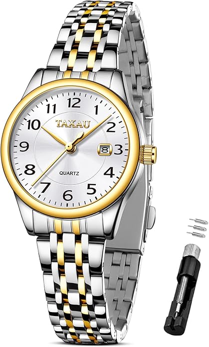 Womens Watch Fashion Dress Waterproof Silver Watches for Women Casual Easy Read Quartz Analog Women's Watch Two Tone Stainless Steel Ladies Watches with Day Date