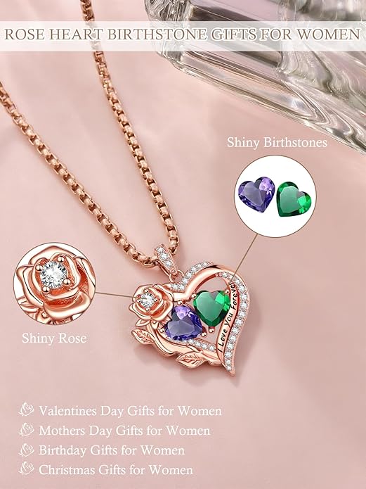 Rose Heart Necklaces for Women, Rose Gold Forever Love Jewelry with 2 Birthstones Pendant, Christmas Anniversarry Birthday Gifts for Her Wife Mom Grandma, 18+2 Inch Chain