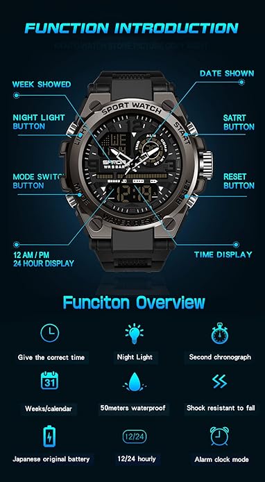KXAITO Men's Watches Sports Outdoor Waterproof Military Watch Date Multi Function Tactics LED Alarm Stopwatch
