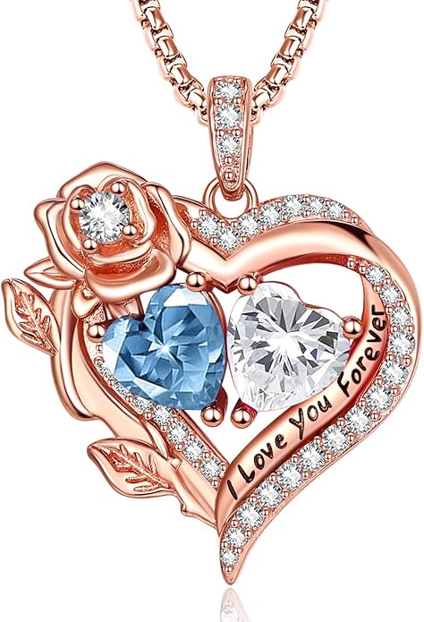 Rose Heart Necklaces for Women, Rose Gold Forever Love Jewelry with 2 Birthstones Pendant, Christmas Anniversarry Birthday Gifts for Her Wife Mom Grandma, 18+2 Inch Chain