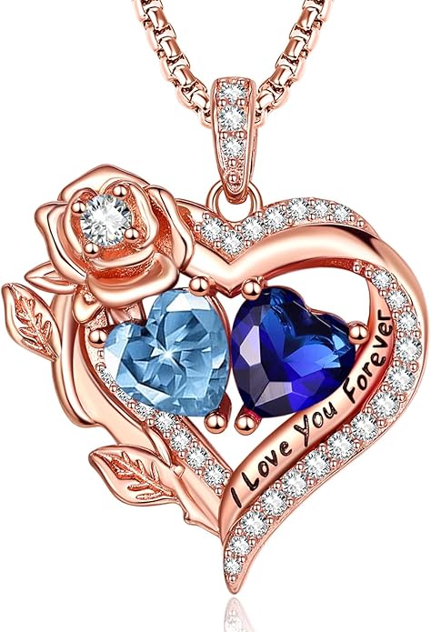 Rose Heart Necklaces for Women, Rose Gold Forever Love Jewelry with 2 Birthstones Pendant, Christmas Anniversarry Birthday Gifts for Her Wife Mom Grandma, 18+2 Inch Chain