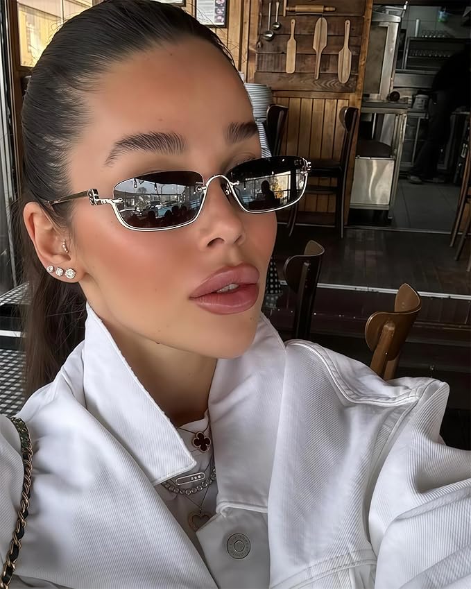 Retro Y2k Sunglasses for Women Men,Trendy Semi-Rimless Sun Glasses Irregular Narrow Gold Sunnies UV400