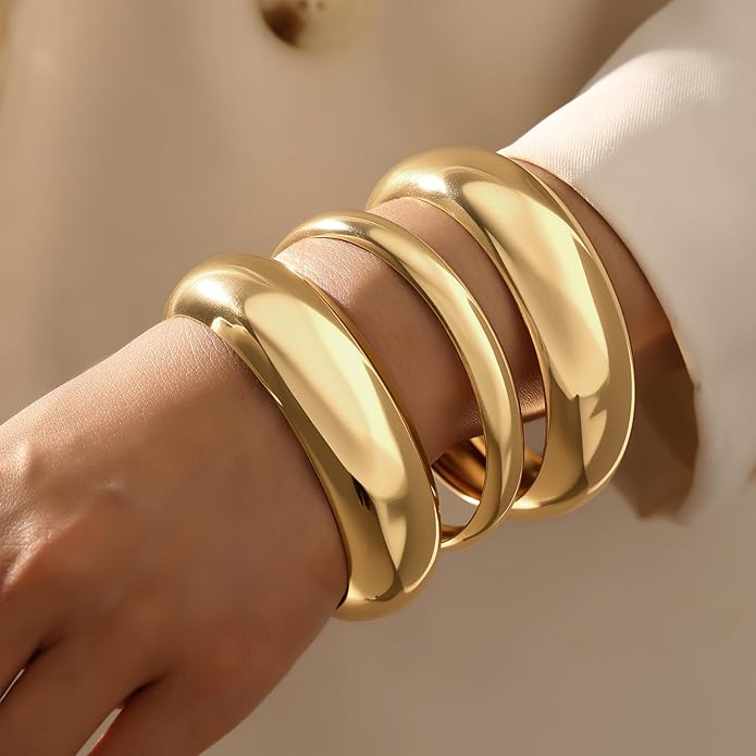 iF YOU Chunky Gold Bangle Bracelets for Women, 14k Gold Plated Multi Layer Stackable Cuff Bracelet Set, Trendy Statement Bracelet Stack Jewelry Gifts
