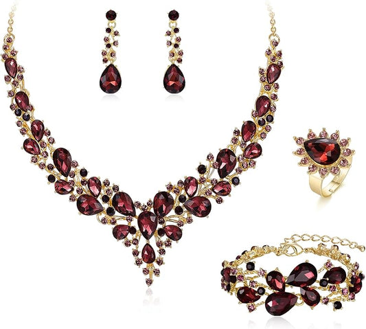 BriLove Wedding Bridal Jewelery for Women Austrian Crystal Teardrop Cluster Statement Necklace Dangle Earrings Link Bracelet Set