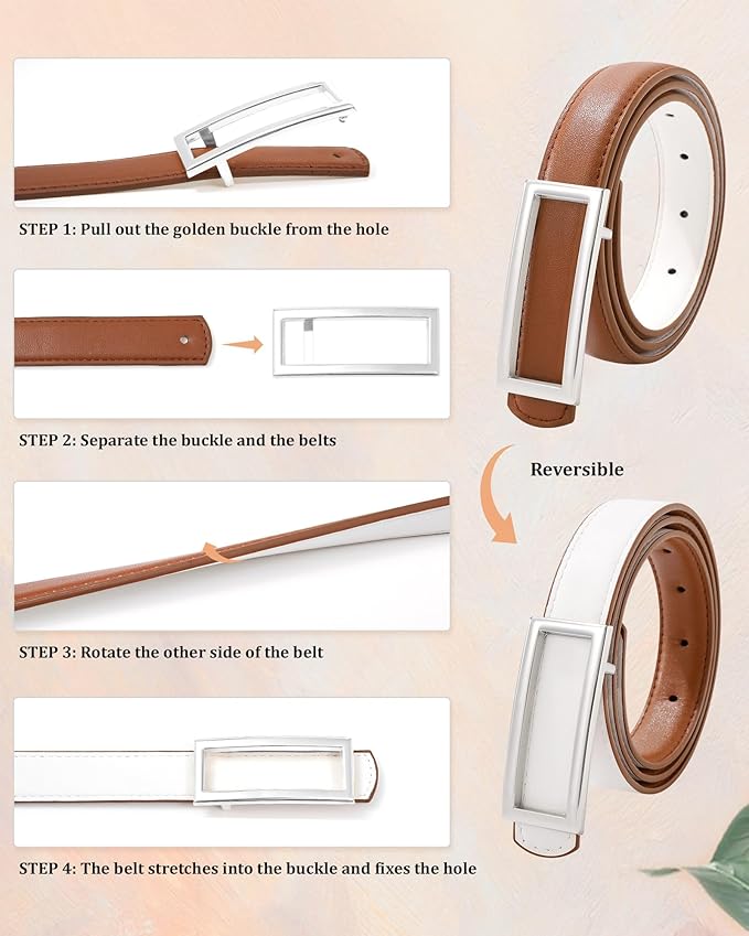 AWAYTR Women Reversible Leather Belt - Two-in-One Women Fashion Skinny Belt for Jeans with Golden Buckle