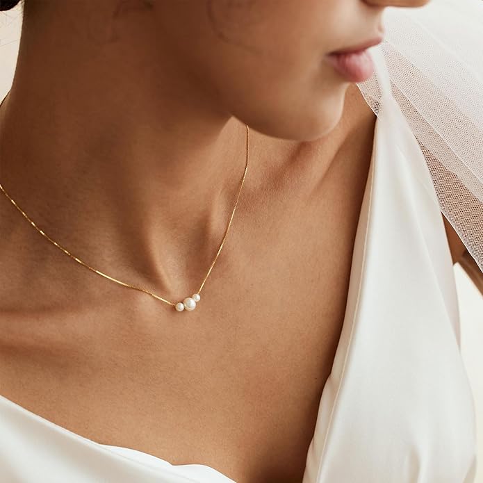 Valentines Day Gifts for Her - 14K Gold Plated Pearl Necklaces for Women Trendy Dainty Necklace Simple Layered Pearl Necklaces for Women Trendy Wedding Birthday Valentines Jewelry