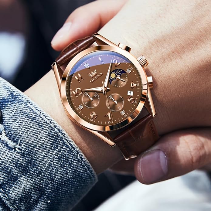 OLEVS Men's Watches Brown Leather with Date,Casual Watches for Men,Large Face Watches Men,Chronograph Mens Watch,Sport Waterproof Business Dress Analog Quartz Men's Wrist Watches Reloj De Hombre