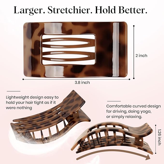 Oeusnae 4 PCS Flat Hair Clips for Women Girls, French Concord Lay Down Claw Clips for Thick Thin Hair, Comfortable Curved Large Flat Clip, Leopard Print Stylish Strong Hold Hair Accessories, Tortoise