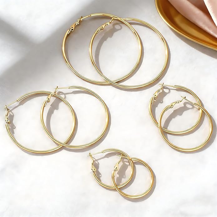 4/5/6 Pairs Stainless Steel 30/40/50/60/70 mm Silver 14K Gold Hoop Earrings for Women Hypoallergenic Big Thin Lightweight Dangle Set