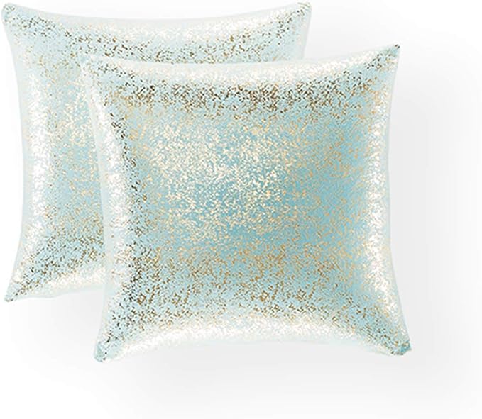 Xinrjojo Pack of 2, Gold Pillow Cover, Shiny Cushion Covers, Decorative Soft Square Throw Pillow Covers, Pillow Cases for Sofa Bedroom Car 24 x 24 Inch 60 x 60 cm(Bronzing- Lake Blue)