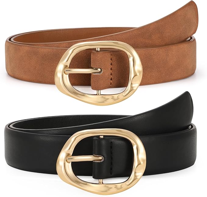 TRIWORKS 2 Pack Leather Belts for Women Fashion Waist Belt with Liquid Shapes Women Belt for Jeans Pants Dresses
