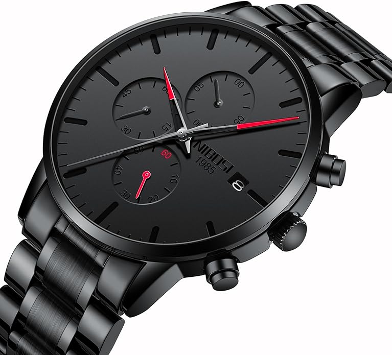 NIBOSI Men's Watches Analog Minimalist Black Dial Watches for Men Business Chronograph Military Casual Wrist Watches Stainless Steel Strap Date