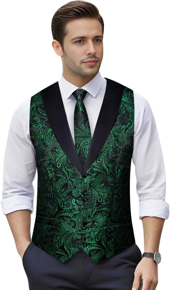 DiBanGu Mens Paisley Suit Vest Silk Jacquard Waistcoat and Necktie Set Formal Shawl Collar Dress Vest 7PCS for Wedding Party
