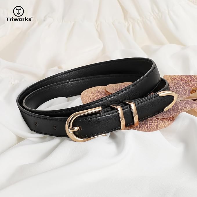 2 Pack Women Skinny Leather Belts for Jeans Pants Thin Faux Leather Belt with Gold Buckle