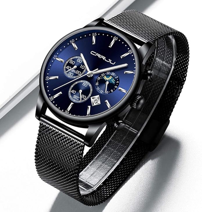 CRRJU Men's Fashion Casual Watches Auto Date Chronograph Watch Men Nice Work Watches Waterproof 30M Full Steel Quartz with Mesh Strap