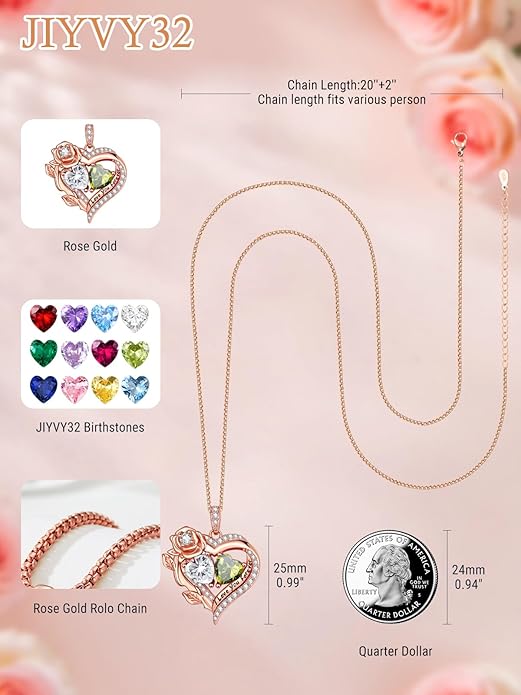 Rose Heart Necklaces for Women, Rose Gold Forever Love Jewelry with 2 Birthstones Pendant, Christmas Anniversarry Birthday Gifts for Her Wife Mom Grandma, 18+2 Inch Chain