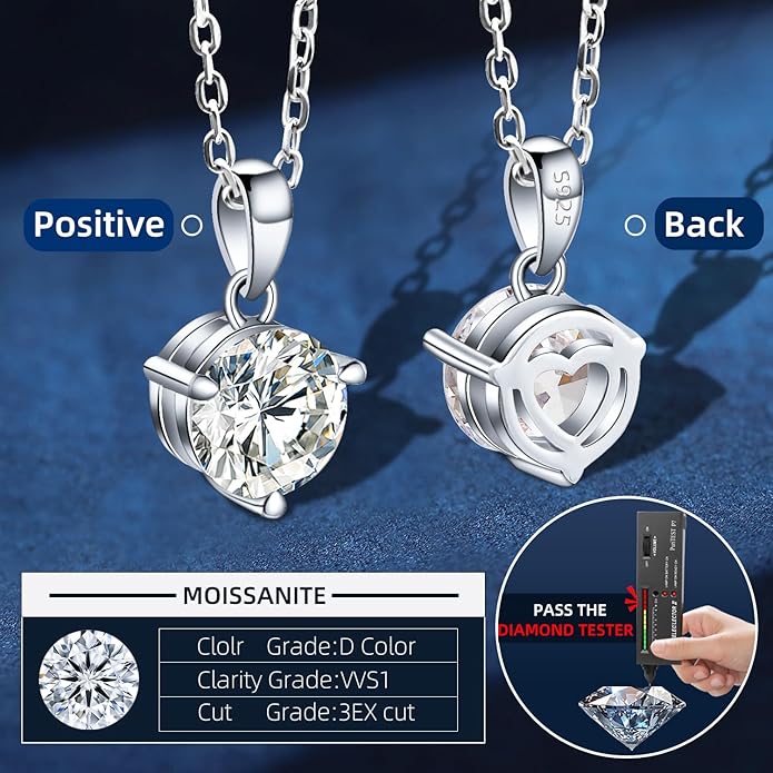 Moissanite Necklace for Women 1.0-2.0ct D Color，sterling silver diamond pendant necklace，Anniversary Gifts for Women, Making It A Perfect Gift for Your Wife, Girlfriend Mom