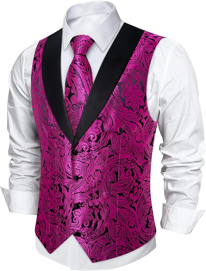 DiBanGu Mens Paisley Suit Vest Silk Jacquard Waistcoat and Necktie Set Formal Shawl Collar Dress Vest 7PCS for Wedding Party