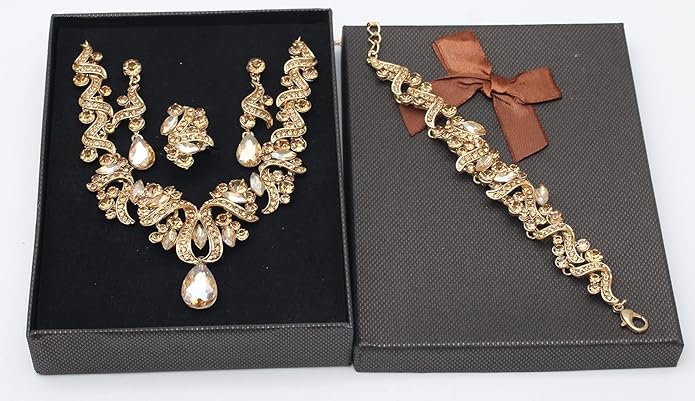 Jewelry Set for Women, Statement Necklace Dangle Earrings Bracelet Ring, White/KC Gold Plated Jewelry Set with Rhinestone Pearl Crystal Wedding Party Jewelry for Bridal Bridesmaid
