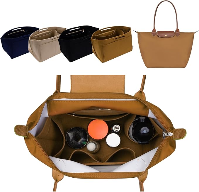 ZTUJO Purse Organizer Insert For Longchamp Le Pliage, Premium Felt Longchamp Purse Organizer Insert Small Medium Large, Tote Organizer Insert (Lighting Coffee, Small For Handle S)