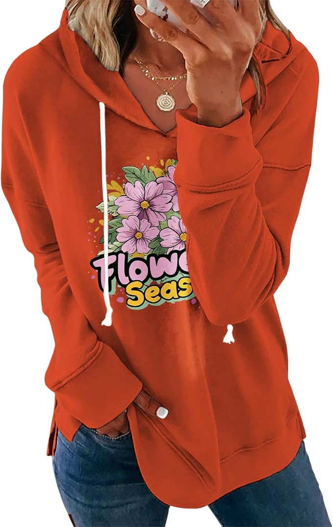 Women's Brick Red Hoodie Pullover Sweatshirt Cotton Blend Loose Fit Long Sleeve Fall Winter Top