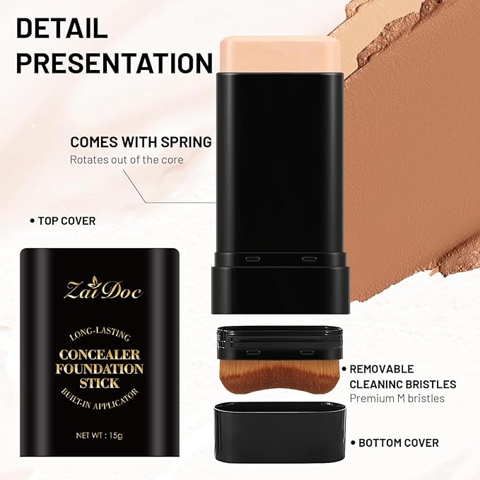 Concealer Foundation Stick, 2-in-1 Long-Lasting Foundation and Concealer with Brush, Creamy Full Coverage for Dark Circles & Blemishes, Hydrating Olive & Camellia, 2.09 Oz (05#)