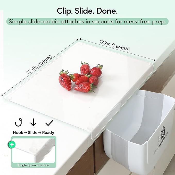 2-in-1 Clear Acrylic Cutting Board with Bin & counter lip – Extra Large countertop acrylic board 23.8 x 17.7 in (60 x 45 cm), Mess-Free, Space-Saving Chopping Board for Kitchen