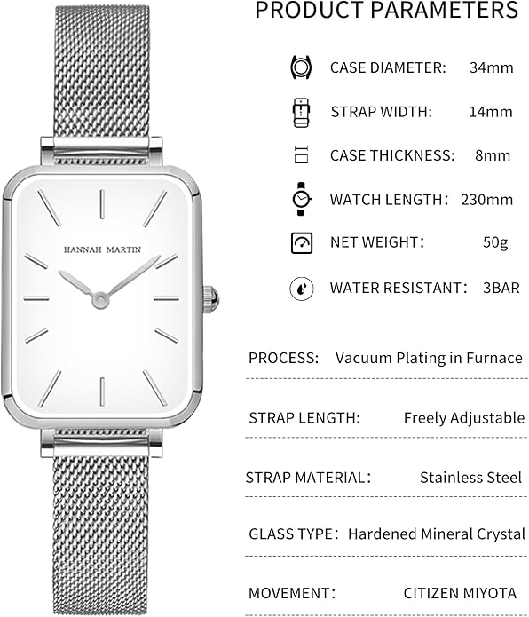 HANNAH MARTIN Watches for Women Waterproof Ladies Analog Quartz Wrist Watches Stainless Steel Band Fashion Dainty Female Watch Luxury Bracelet Diamond