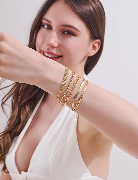 Gold Chain Bracelet Set for Women 14K Gold Plated Bracelets Multi-Layer Stackable Bracelet Dainty Cuban Paperclip Chain Bracelets Pack Jewelry