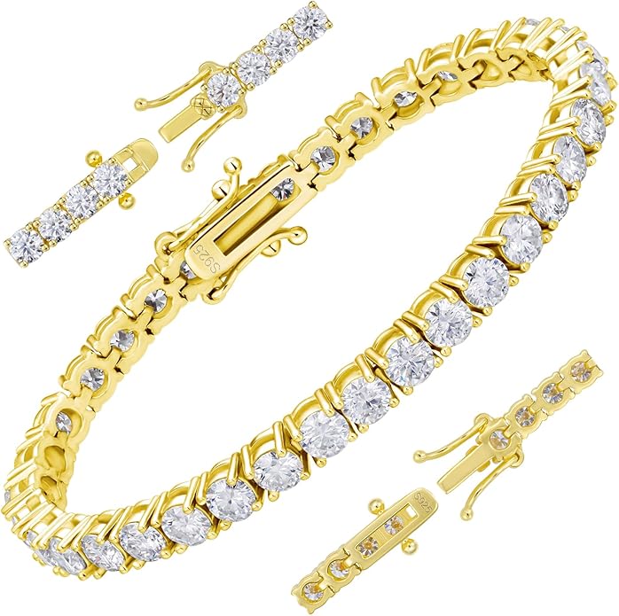 Moissanite Tennis Bracelet for Women Men White/Yellow Gold Plated S925 Sterling Silver D Color VVS1 Round Cut Moissanite Bracelets 2/3/4/5/6MM 6.5/7/7.5/8inch
