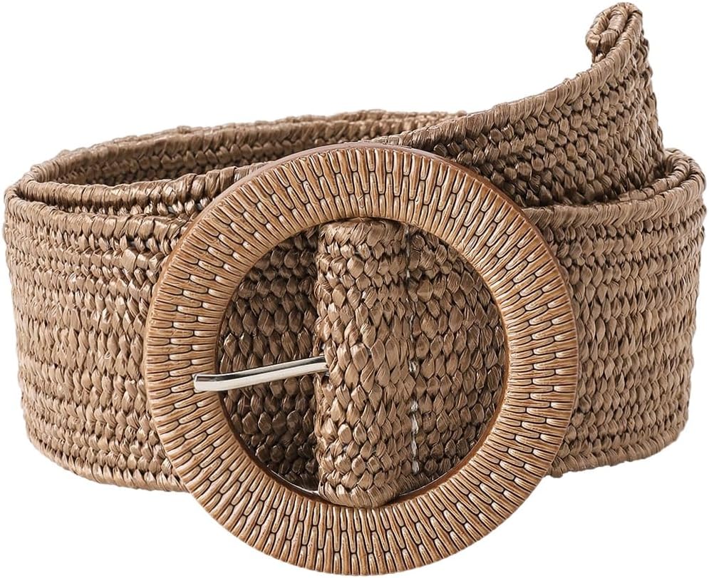 Verdusa Women's Western Belt Cowgirl Boho Straw Belts Round Buckle Elastic Waist Belt