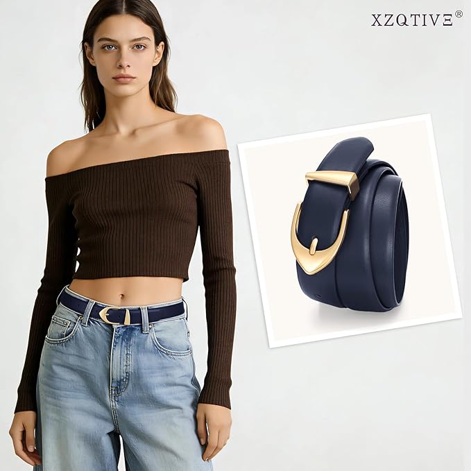 XZQTIVE Women's Leather Belts, Classic Minimalist Design For Jeans Pants Dresses, Black Belt With Gold Buckle