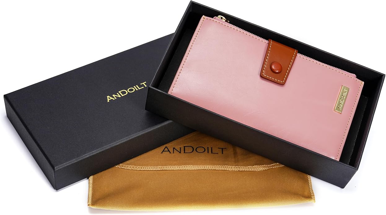ANDOILT Wallet Women RFID Blocking Genuine Leather Bifold Multi Card Organizer Wristlet Purse Cell Phone Handbag