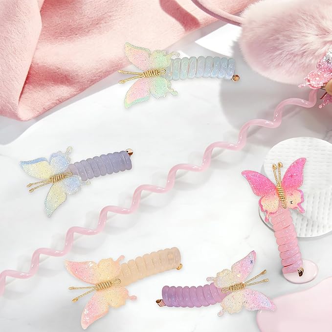 6PC Pearl Butterfly Telephone Wire Hair Ties – Spiral Elastic Bubble Ponytail Hair Bands for Women & Girls, No Damage, Soft & Stretchy Hair Accessories for High Ponytails and Braids (set-F)
