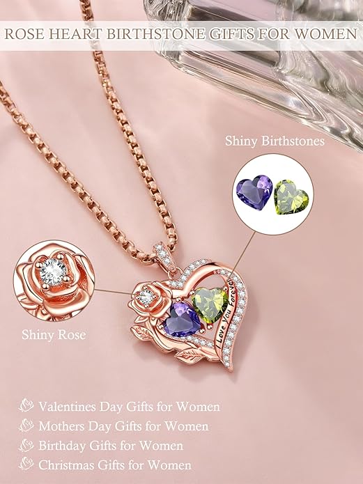 Rose Heart Necklaces for Women, Rose Gold Forever Love Jewelry with 2 Birthstones Pendant, Christmas Anniversarry Birthday Gifts for Her Wife Mom Grandma, 18+2 Inch Chain