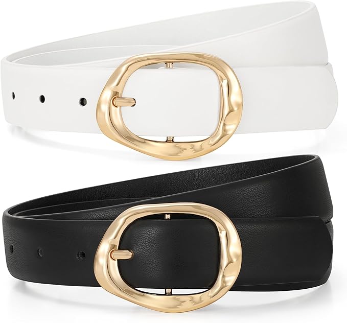 TRIWORKS 2 Pack Leather Belts for Women Fashion Waist Belt with Liquid Shapes Women Belt for Jeans Pants Dresses