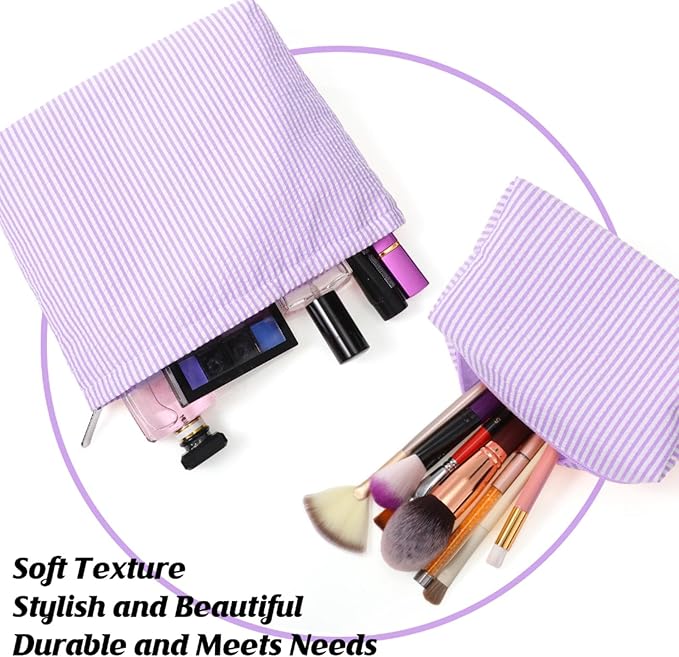 2 Pieces Makeup Bag Set Cute Cosmetic Pouch for Women Seersucker Travel Toiletry Bag Preppy Small Makeup Purse Pouch Aesthetic Skincare Brushes Storage Organizer for Christmas Women(Purple)