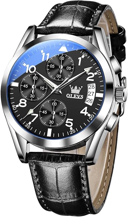 OLEVS Men's Casual Leather Watch, Big Face Chronograph Watch for Men, Fashion Easy to Read Dress Watch, Men's Waterproof Luminous Date Analog Watch, Gold/Black/White/Blue Dial