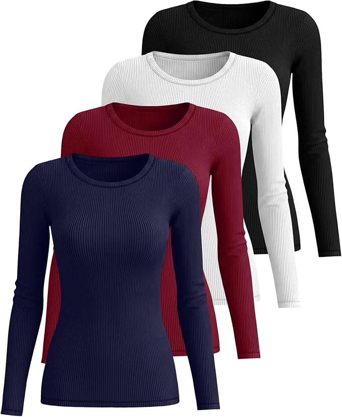 Neer 4 Pack Women's Ribbed Long Sleeve Shirts, Cotton Crew Neck Slim Fit Tops Stretch Knit Casual Base Layer Basic Tee Shirts