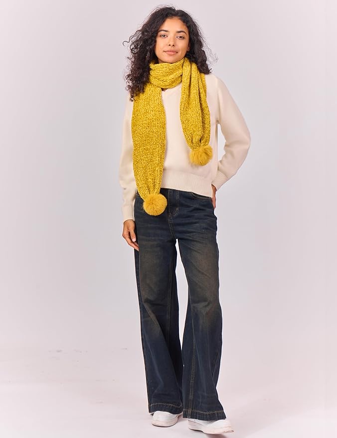 Womens Chenille Scarf with Pompom Winter Knit Warm Scarves for Cold Weather with Gift Box