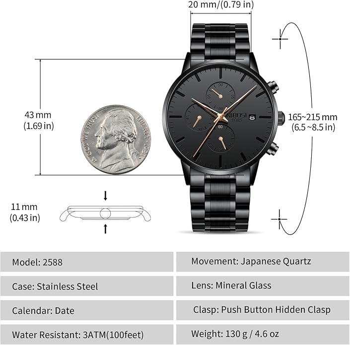 NIBOSI Men's Watches Analog Minimalist Black Dial Watches for Men Business Chronograph Military Casual Wrist Watches Stainless Steel Strap Date