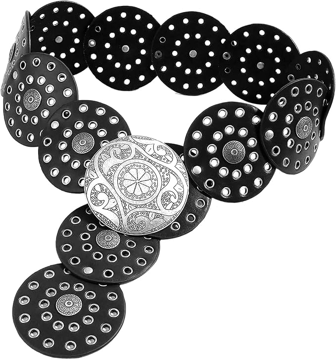 Hollow Wide Disc Belt for Women Concho Leather Metal Buckle Boho Belt Cowgirl Vintage Western Chunky Waist Belts